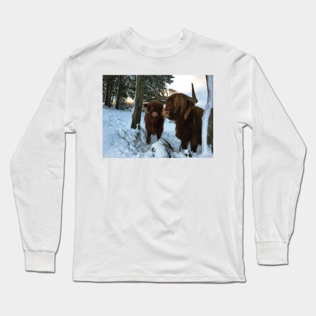 Scottish Highland Cattle Cow and Calf 1621 Long Sleeve T-Shirt by SaarelaHighland